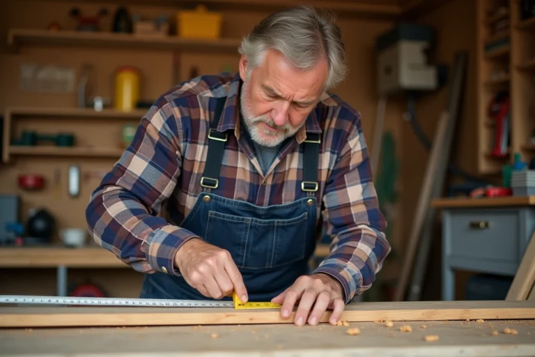 Homme d'âge moyen mesurant une planche en bois dans un atelier organisé