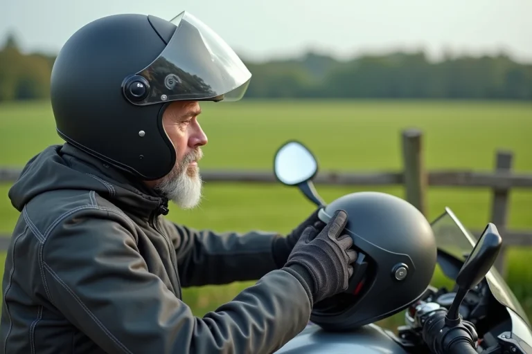 Homme d'âge moyen attachant un intercom sur son casque moto