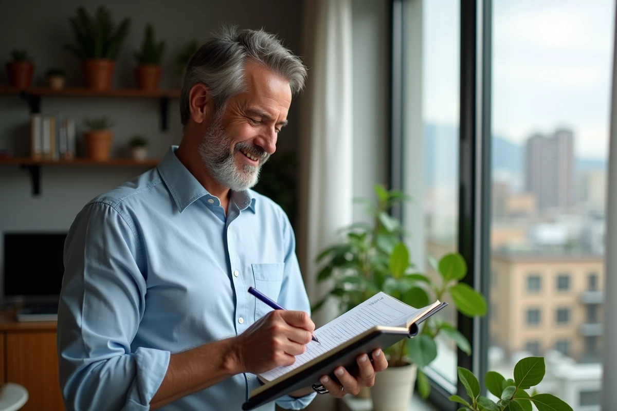 Homme au bureau fixant ses objectifs d