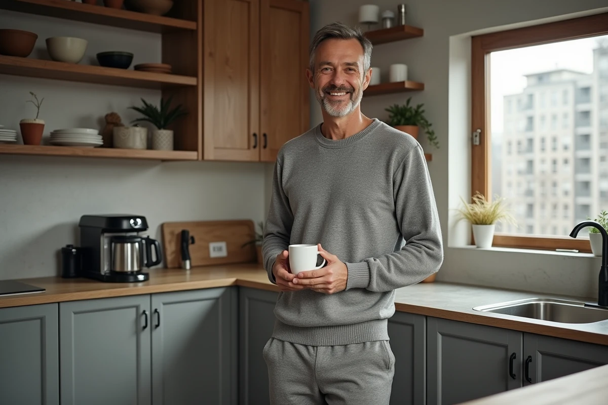 Homme en sweatpants prépare du café dans une cuisine ouverte