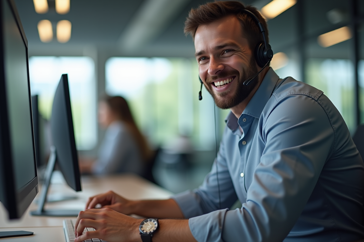 Employe bancaire souriant en ligne avec un client