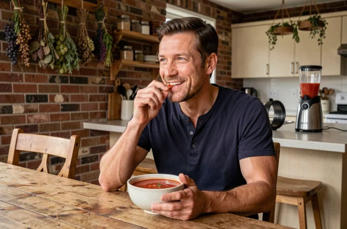 Homme dégustant une soupe de tomates préparée avec un blender NutriBullet dans une salle à manger rustique