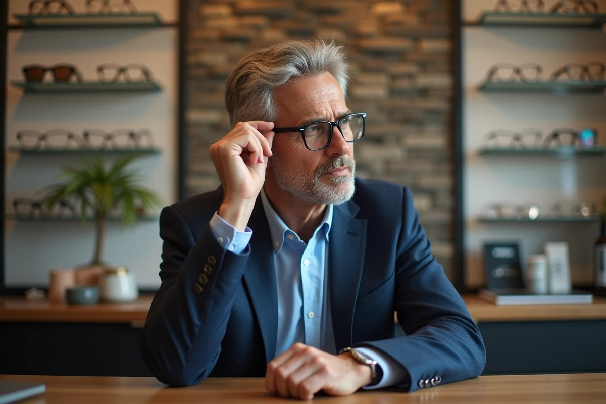 Homme en costume essayant des lunettes dans une boutique optique
