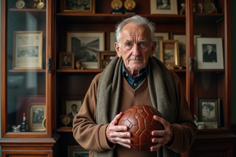 Homme âgé en maillot de football ancien et écharpe tenant un ballon en cuir