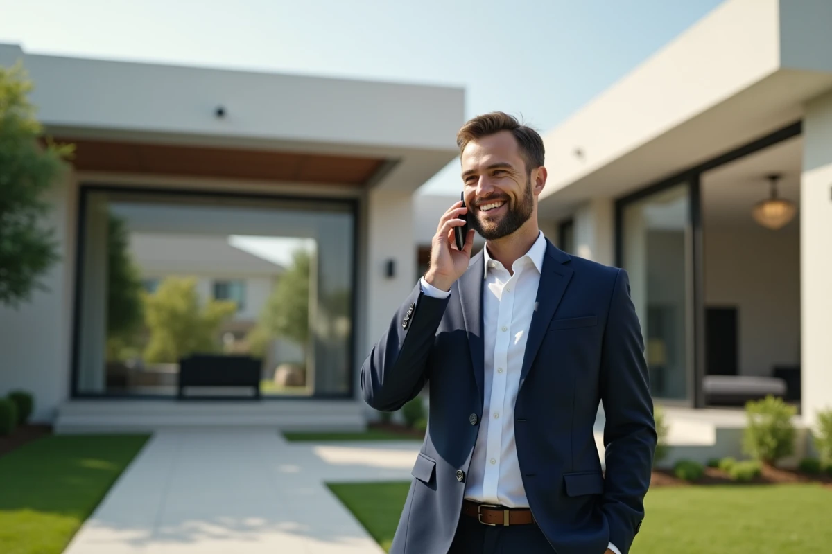 Homme en blazer parlant au téléphone devant une villa moderne