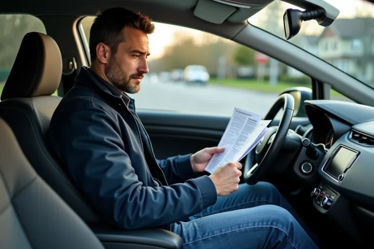 Homme examinant des notices de rappel dans sa voiture