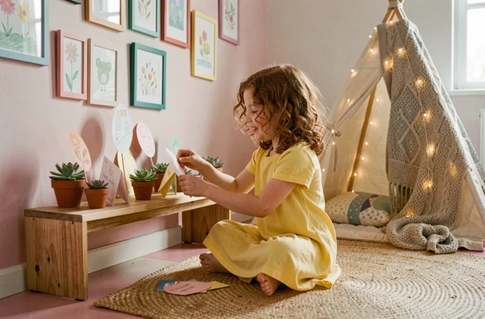 Petite fille aux cheveux bouclés arrangeant des décorations colorées dans une chambre d'enfant créative et cosy