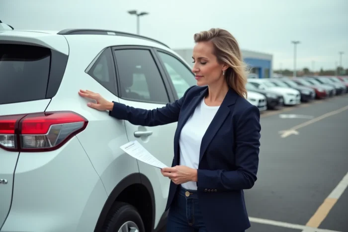 Une femme inspecte un SUV blanc dans un parking de concessionnaire en tenant une liste de contrôle pour l'achat d'un véhicule