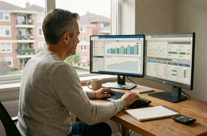 Investisseur immobilier utilisant un simulateur de rendement SCPI depuis son bureau à domicile
