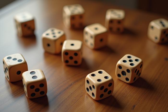 Groupe de dés en bois sur une table en bois poli