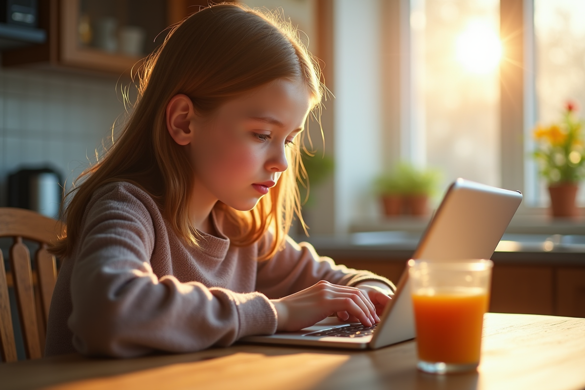 Adolescent vérifiant ses emails scolaires sur une tablette le matin