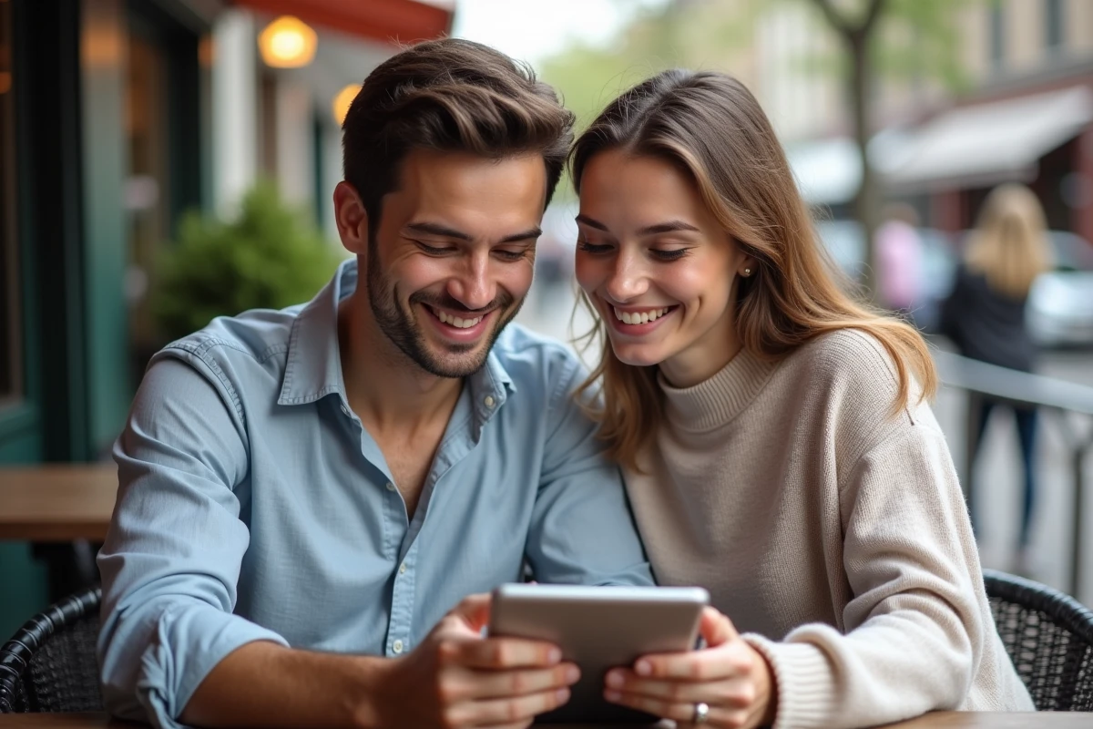 Jeune couple discutant avec tablette en terrasse de café