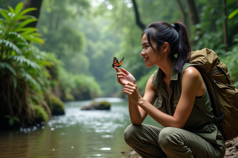 Jeune femme asiatique observe un papillon dans la jungle de Borneo