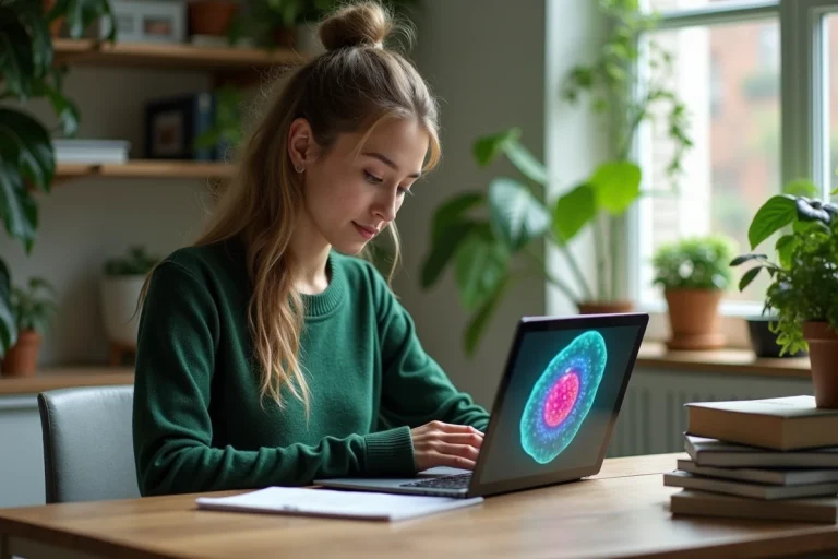 Jeune femme travaillant sur un ordinateur dans un bureau moderne avec plantes