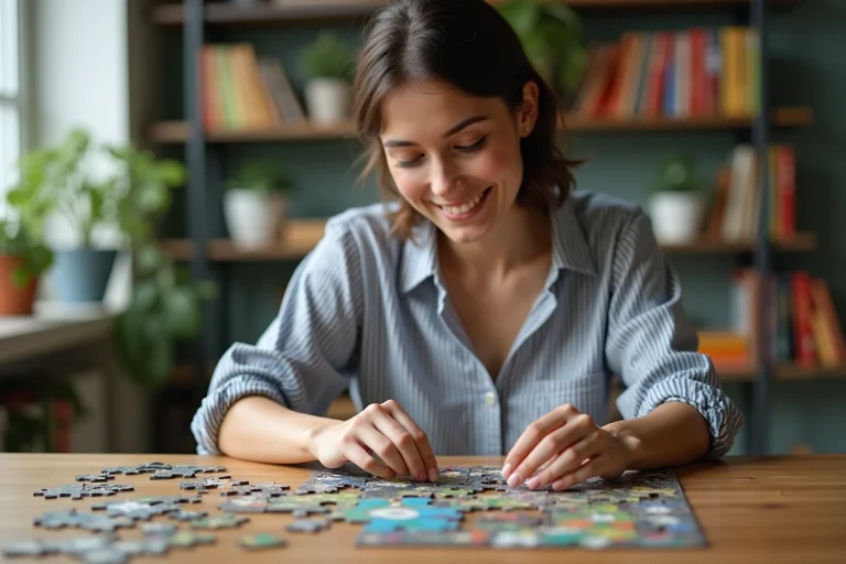 Jeune femme assemble un puzzle dans un salon moderne