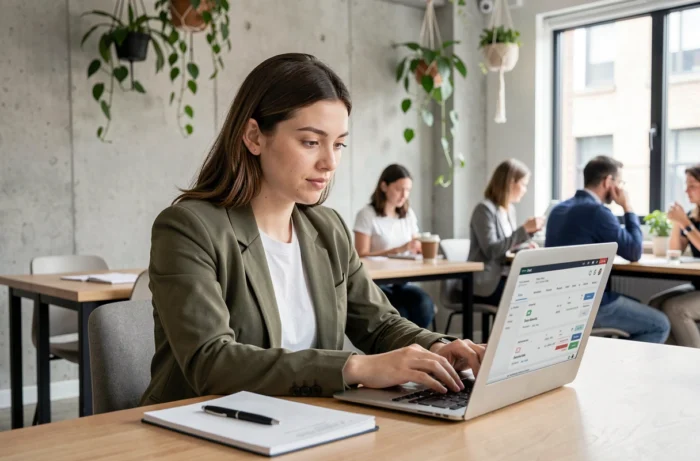 Jeune femme recherchant un emploi sur un ordinateur portable dans un espace de coworking moderne