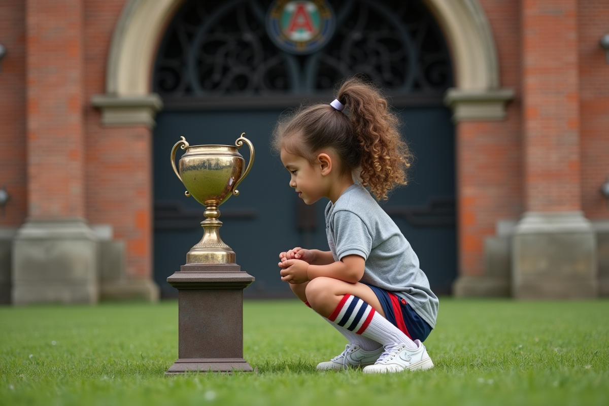 Jeune fille regardant un vieux trophée de football devant un stade ancien