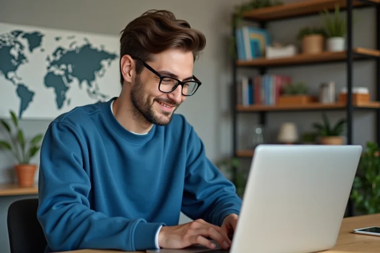 Jeune homme concentré sur son ordinateur dans un bureau cosy