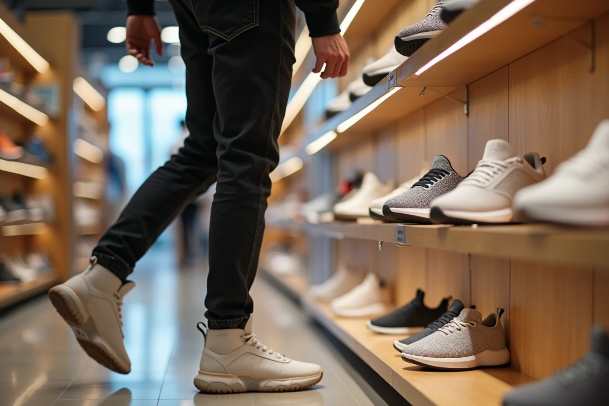 Jeune homme dans un magasin de chaussures regardant une paire de sneakers