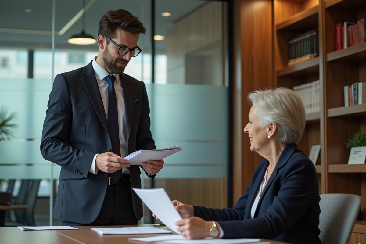 Jeune homme en costume remettant un dossier à une conseillère bancaire