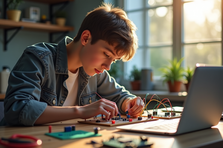 Jeune adulte construisant un circuit électronique sur un bureau lumineux