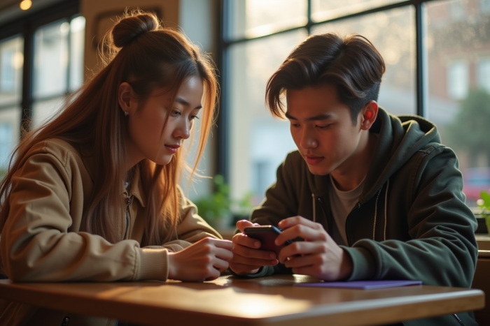 Jeunes adultes concentrés sur un jeu mobile au café