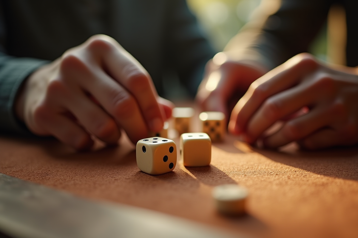 Deux mains lançant des dés en ivoire sur une table de jeu