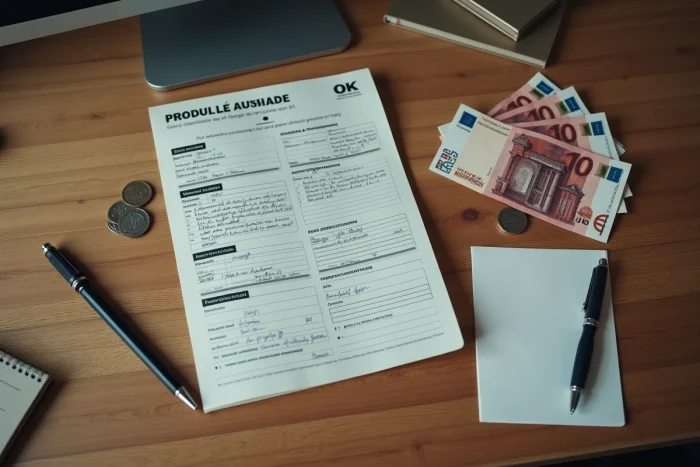 Gros plan sur un livret d'épargne, des billets en euros et des pièces de monnaie sur un bureau en bois, symbolisant les économies et l'allocation de solidarité aux personnes âgées