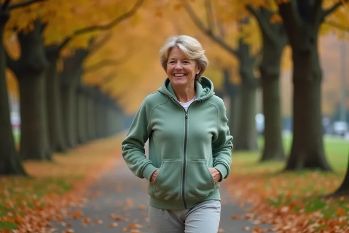 Femme marchant d'un pas énergique dans un parc urbain en automne pour améliorer sa santé au quotidien