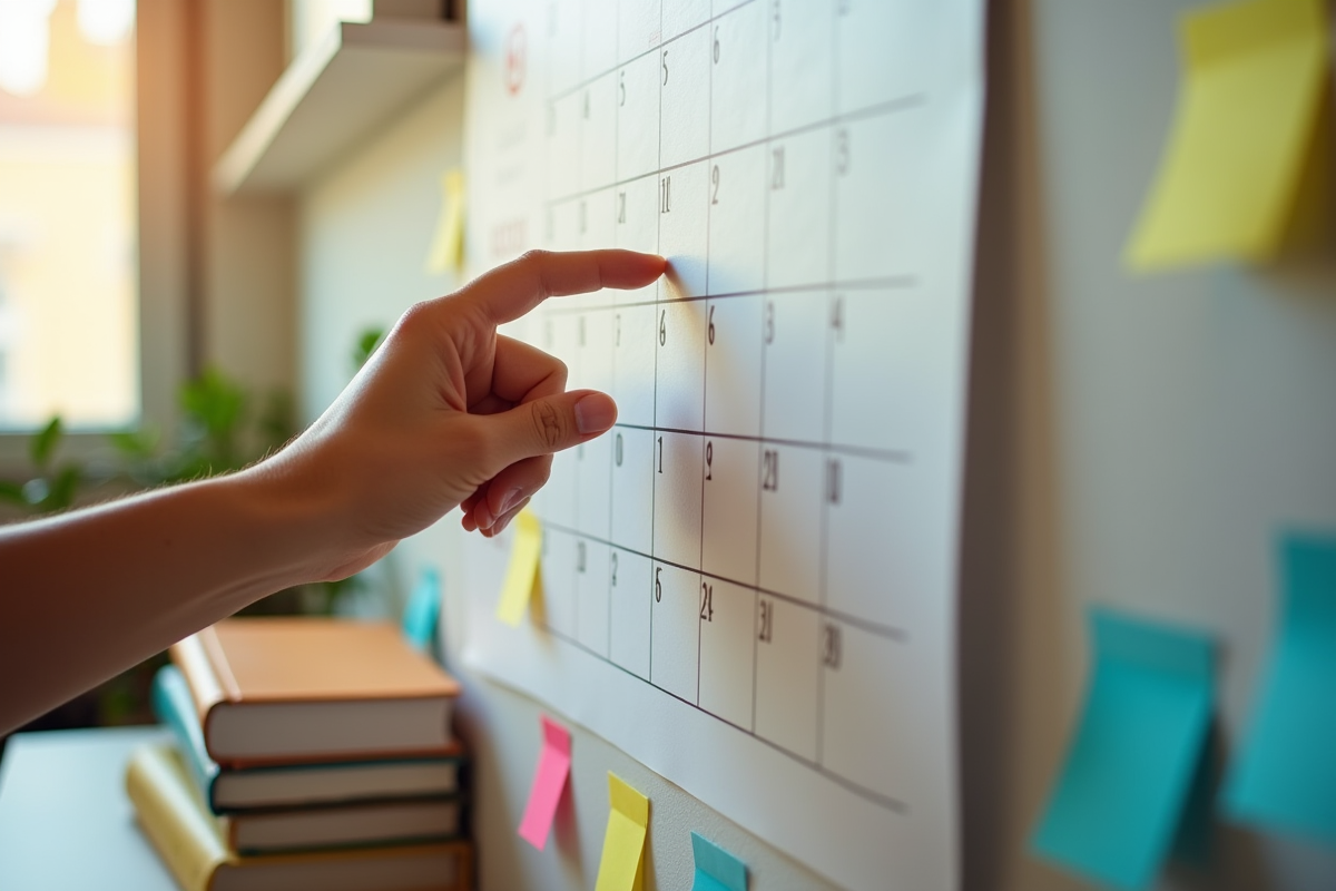 Mains marquant des dates importantes sur un calendrier mural