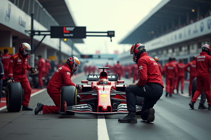Pit stop en course automobile avec mécaniciens en action