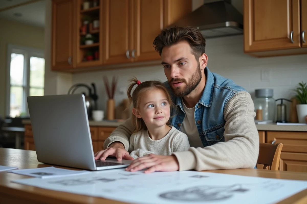 Père et fille regardant des plans de rénovation à la maison