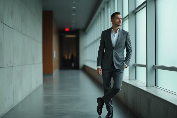 Homme en costume dans un couloir institutionnel moderne, portrait éditorial évoquant discrétion et vie personnelle préservée