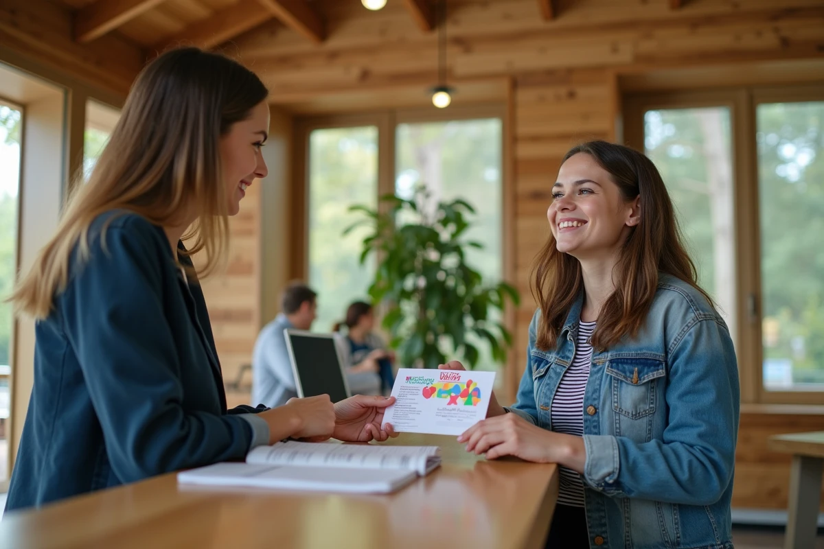 Mère présentant voucher à la réception Center Parcs
