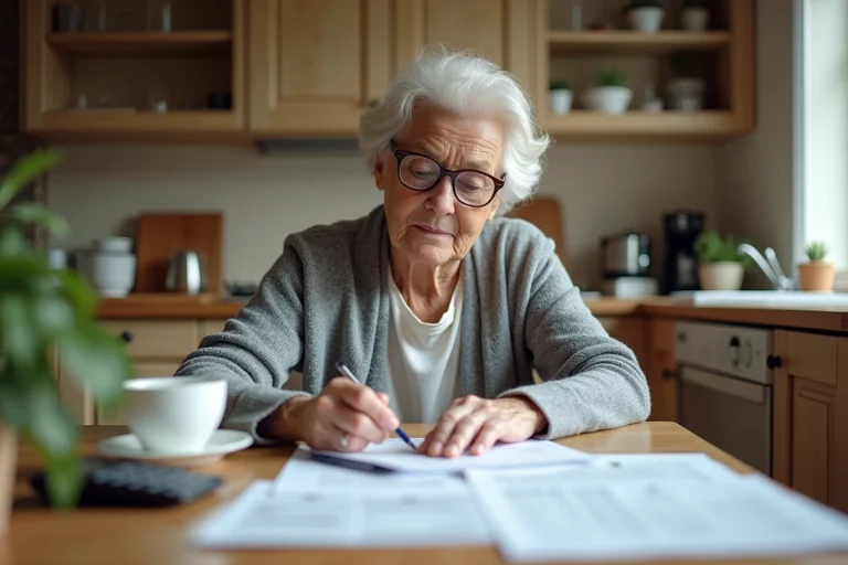 Femme retraitée qui consulte ses relevés bancaires à la table de cuisine, illustrant la gestion de l'épargne et de l'ASPA