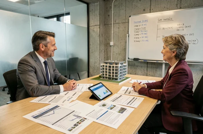 Deux professionnels de l'immobilier discutant d'une simulation de rendement SCPI autour d'une table de réunion