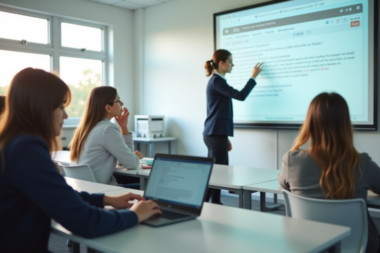 Salle de classe moderne avec enseignant et élèves attentifs