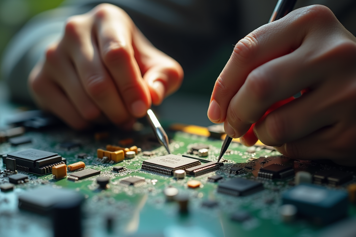 Mains soudant des composants sur une carte électronique avec lumière douce