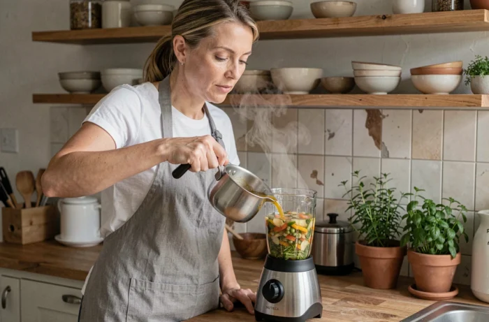 Femme préparant une soupe chaude dans un blender NutriBullet dans une cuisine moderne en bois