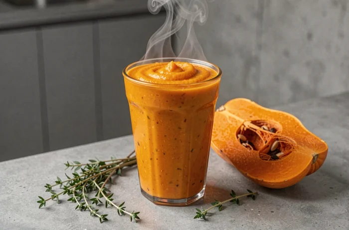 Gros plan sur un smoothie blender NutriBullet contenant une soupe chaude de courge et carottes avec de la vapeur