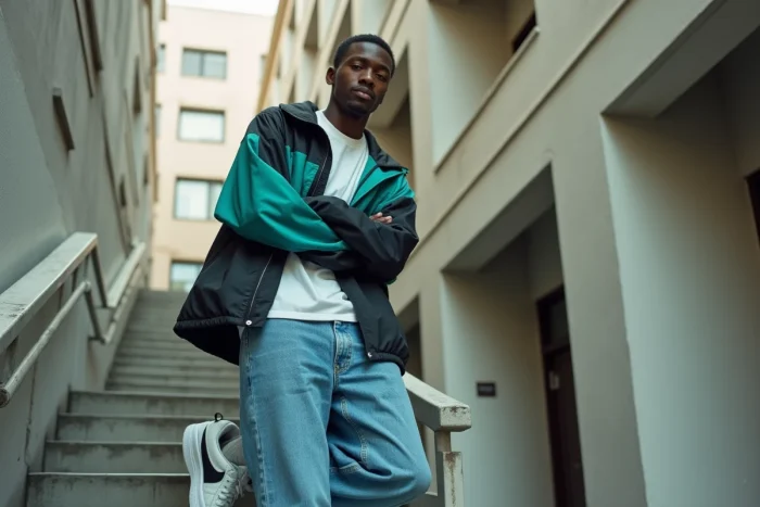 Jeune homme en style hip-hop des années 1994 avec coupe-vent color block, jean baggy et sneakers blanches dans un cadre urbain