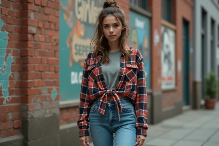 Jeune femme en tenue grunge inspirée des années 1994 avec chemise à carreaux, jean taille haute et bottines, devant un mur de briques urbain