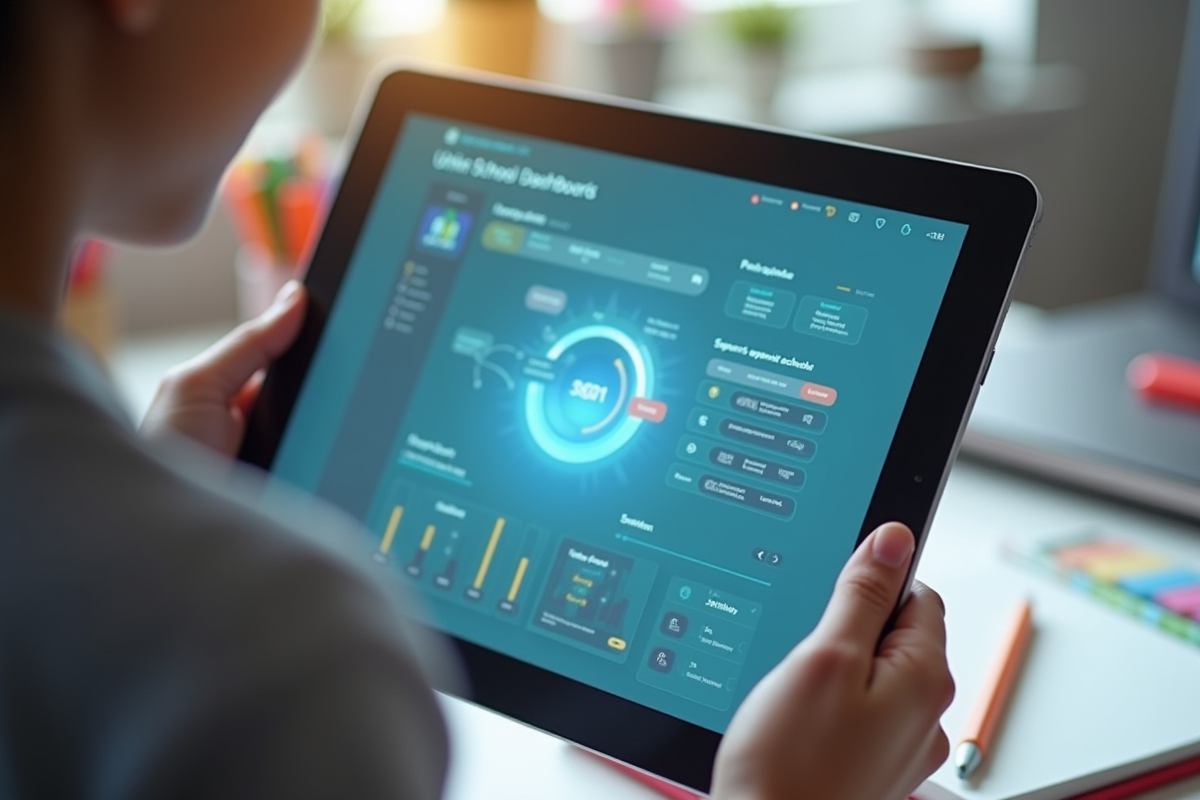 Mains tenant une tablette avec tableau de bord scolaire numérique