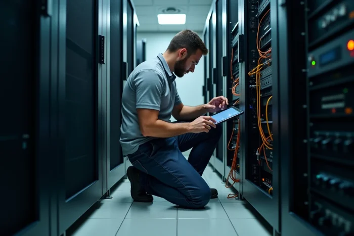 Technicien IT installant une connexion fibre optique dans une salle serveur pour garantir des services Internet fiables à une entreprise