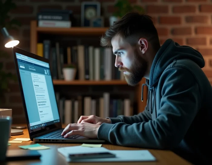 Homme analysant une interface de téléchargement de logiciels sur un ordinateur portable avec des avertissements de sécurité