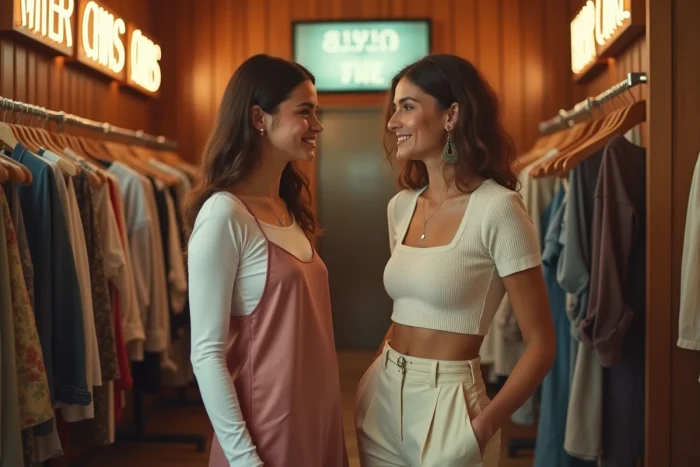 Deux femmes en tenues tendance des années 1994, robe nuisette et pantalon large taille haute, dans une boutique vintage aux murs en bois