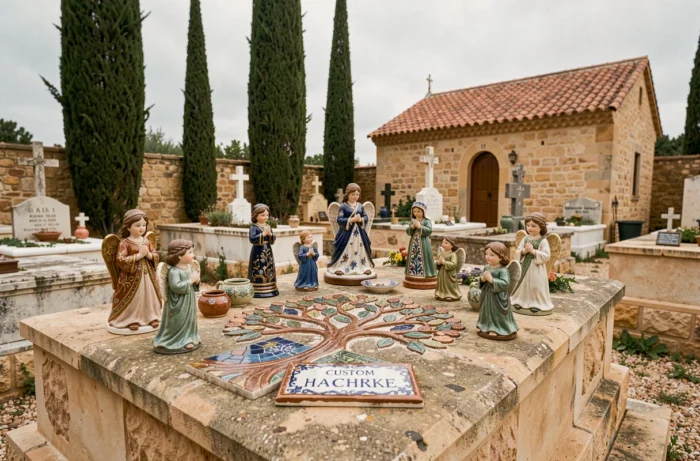 Vue large d'une tombe familiale décorée de céramiques artisanales colorées incluant une mosaïque arbre généalogique et des anges sculptés dans un cimetière provençal