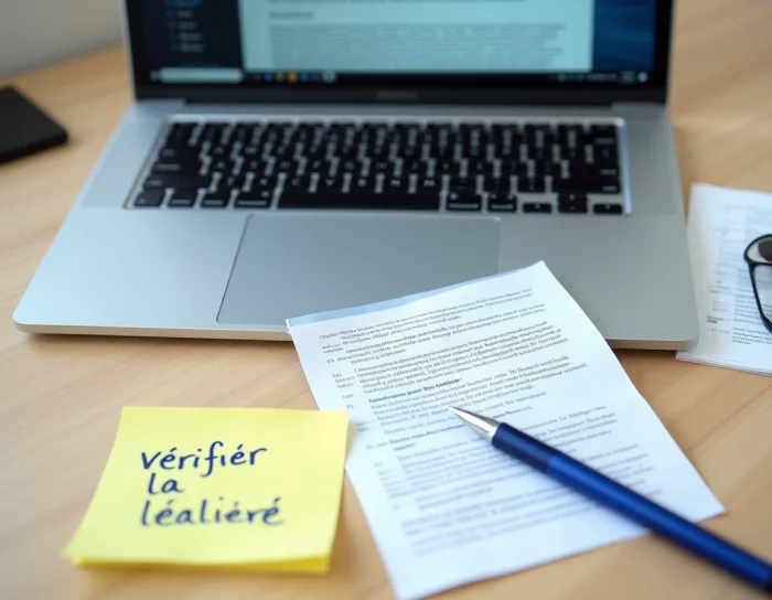 Vue aérienne d'un ordinateur portable avec une page de téléchargement de logiciels, des documents légaux imprimés et une note manuscrite sur la légalité