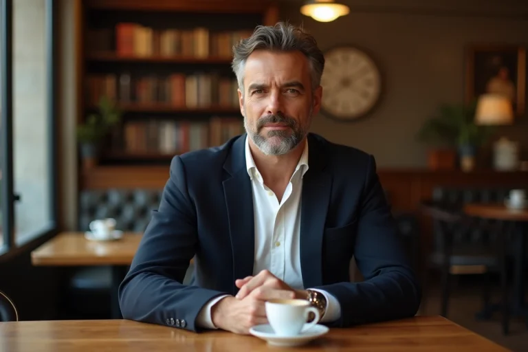 Portrait d'un homme posé et discret attablé dans un café parisien, évoquant la vie privée et l'intimité avec respect