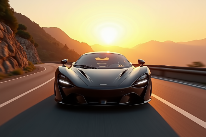 Voiture de sport en pleine vitesse sur une route de montagne au lever du soleil